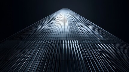 An angular glass-and-steel skyscraper with vertical lines and a black matte finish, framed against a deep charcoal background