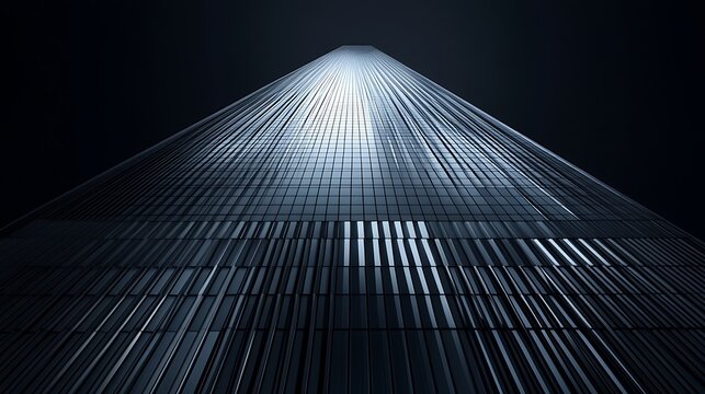 An angular glass-and-steel skyscraper with vertical lines and a black matte finish, framed against a deep charcoal background