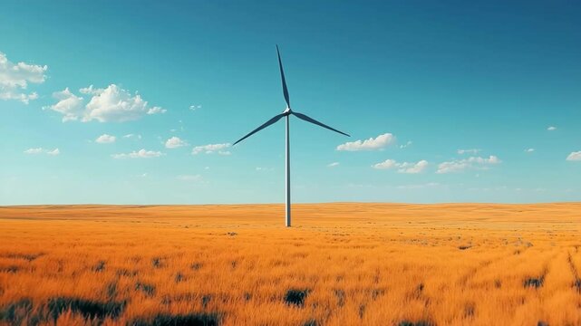 A single wind turbine standing tall in a vast grassy field under a clear blue sky  long title A solitary wind turbine rises up against the boundless