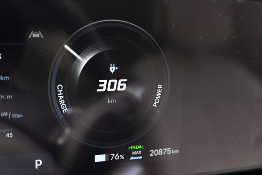 Closeup view of the dashboard of an electric vehicle