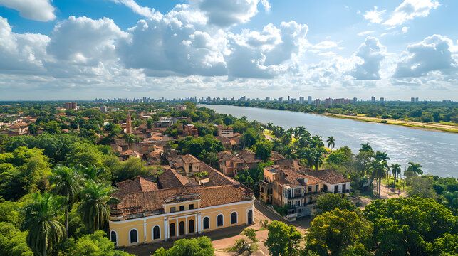 Aerial view of Asuncion, Paraguay, featuring a mix of colonial and modern architecture, lush greenery, palm trees, and the Paraguay River under a partly cloudy sky.