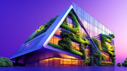 Fototapeta premium A luxurious commercial building with sleek glass walls, an asymmetrical design, and green vertical gardens, set against a rich purple background