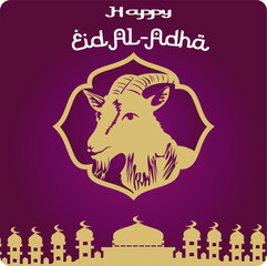 Vector illustration of Eid al-Adha celebration. Greeting card with sacrificial lamb and mosque. Eid al-Adha theme.