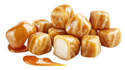 A close-up shot of glossy caramel candies, some showing a creamy white interior, arranged in a haphazard pile with a pool of melted caramel