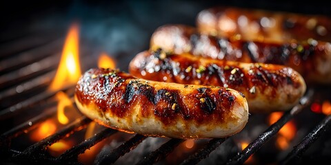 Sizzling Frankfurter sausages on barbecue grill, close-up. Prominent char marks, glowing hot embers visible. Appetizing food photography.