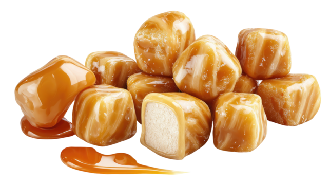 A close-up shot of glossy caramel candies, some showing a creamy white interior, arranged in a haphazard pile with a pool of melted caramel