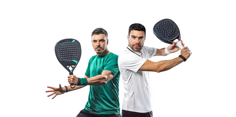 Two Padel players isolated on white background. Open social tour template. Padel tennis player on the white background. © Mike Orlov