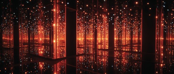 A mesmerizing room of infinite mirrors and glowing lights, creating an illusion of an endless cosmic space.