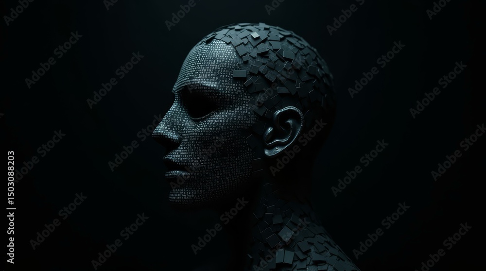 Poster digital, privacy, mask, destruction, visual face shaped structure cracking into particles, suitable 