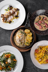 A feast for the senses unfolds in a restaurant, featuring exquisite gastronomic dishes and...