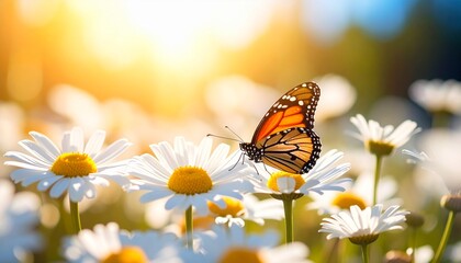 Beautiful butterfly on a daisy flower in nature outdoors close up macro in spring 