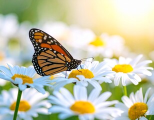 Fototapeta premium Beautiful butterfly on a daisy flower in nature outdoors close up macro in spring 