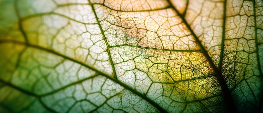 A close-up of a leaf's intricate venation pattern, showcasing the vibrant green and yellow hues resembling a natural mosaic of life.
