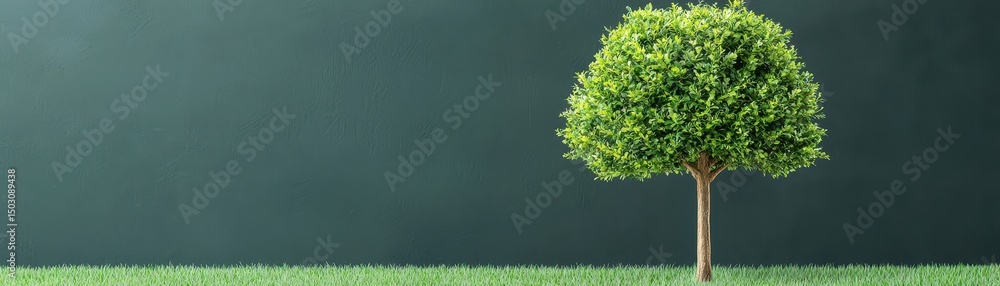 Poster a single green tree stands on a grassy field against a dark background, creating a minimalist and se