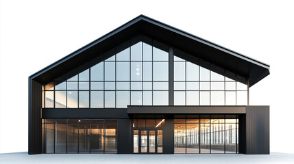 Front view of a black Alaskan industrial building with large glass windows and a roof in the shape of an isosceles triangle.