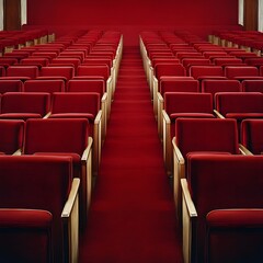 Obraz premium Neatly arranged rows of empty theater seats stretch across the auditorium, creating a sense of symmetry and anticipation