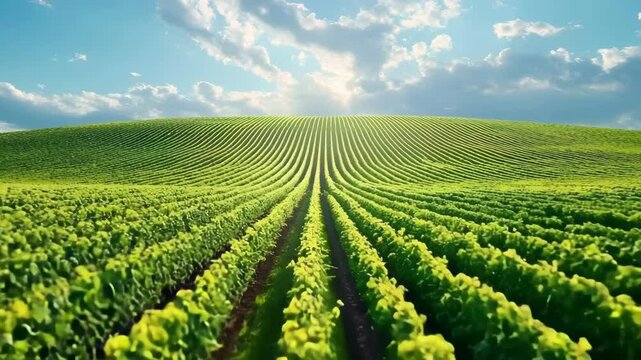 A lush vineyard stretches across rolling hills under a vibrant blue sky  long title An expansive vineyard with neat rows of grapevines covers gently