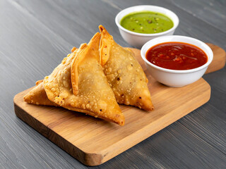 Indian street food mockup with samosa, chutney bowls on wooden board