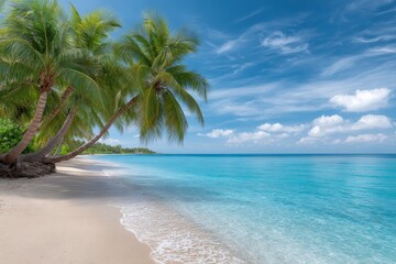 Serene Tropical Beach: Palm Trees, Turquoise Waters, and Sunny Skies