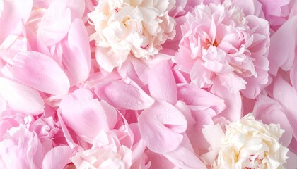 Peony flowers and peony petals after rain. Floral background. Close-up. Nature