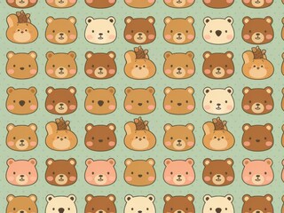 Fototapeta premium Seamless Pattern with Kawaii Bear Faces and Squirrel Topped Bears Illustration