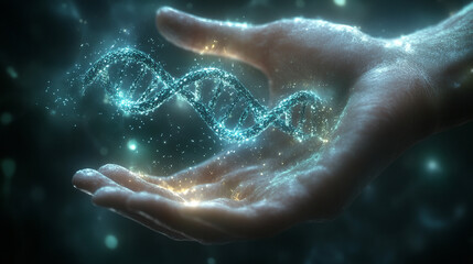 Fototapeta premium Swirling DNA strands around glowing left hand, illuminated softly in digital futuristic style with subtle green and blue tones and dark atmospheric background