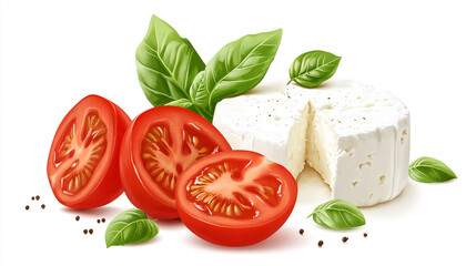 Ricotta cheese with fresh tomato slices and basil leaves, soft white cheese in realistic cartoon vector style