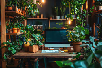Green-themed workspace with potted plants and eco-friendly decor