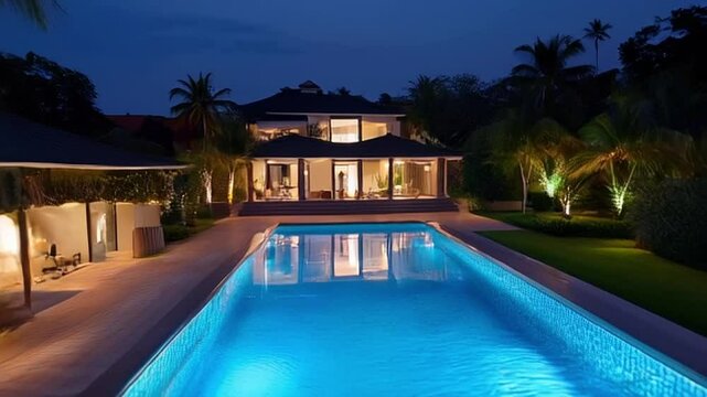Aerial view of villa with pool glowing in twilight
