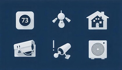 Minimalist icon set for smart home technology: thermostat, lights, camera, speaker