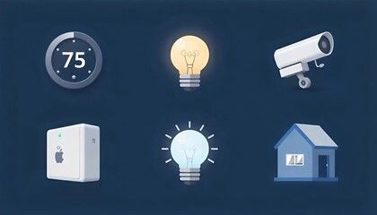 Minimalist icon set for smart home technology: thermostat, lights, camera, speaker