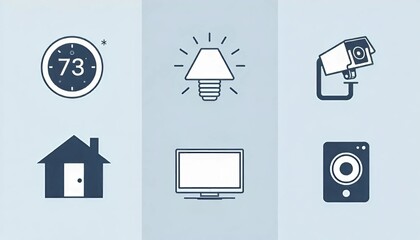 Minimalist icon set for smart home technology: thermostat, lights, camera, speaker