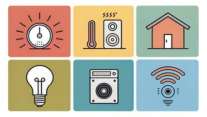 Minimalist icon set for smart home technology: thermostat, lights, camera, speaker