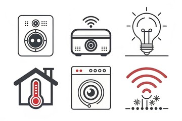Minimalist icon set for smart home technology: thermostat, lights, camera, speaker