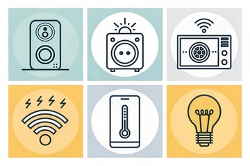 Minimalist icon set for smart home technology: thermostat, lights, camera, speaker