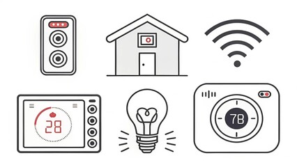 Minimalist icon set for smart home technology: thermostat, lights, camera, speaker