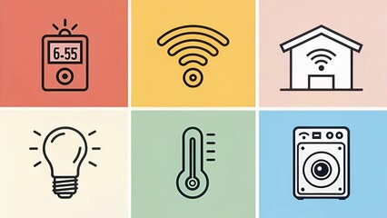 Minimalist icon set for smart home technology: thermostat, lights, camera, speaker