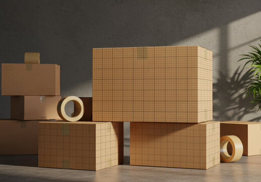 Industrial Cardboard Shipping Packing Moving Brown Boxes with Duct Tape Mockup