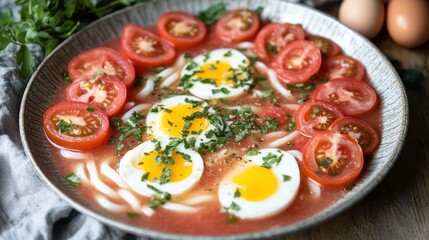 Tomato soup with noodles and eggs