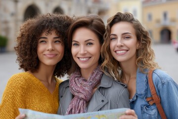 Obraz premium Three Smiling Women Exploring City Streets with Map: Joyful Urban Adventure