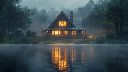 Fototapeta premium Cozy Cabin by the Lake at Dusk with Reflections and Misty Surroundings