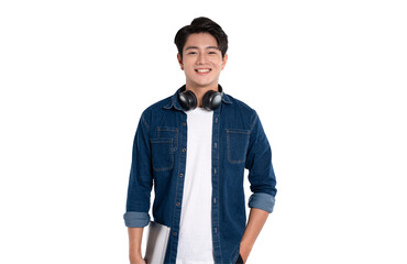 Fototapeta premium Portrait of Asian male student wearing headphones , using laptop and posing on PNG background 