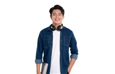 Portrait of Asian male student wearing headphones , using laptop and posing on PNG background	