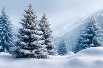 Naklejka premium Snow-Covered Pines in Serene Winter Landscape: A Peaceful Scene