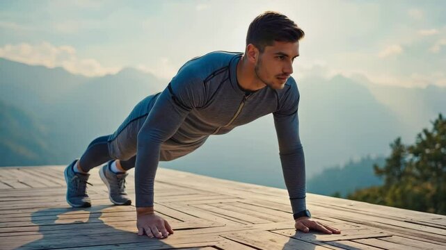 A focused caucasian athlete holds a strong plank on a wooden terrace high above misty mountains. Concept of outdoor fitness discipline and personal resilience.
