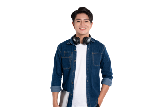Portrait of Asian male student wearing headphones , using laptop and posing on PNG background	