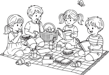 A delightful black and white vector illustration for a coloring book, depicting four happy children enjoying a picnic outdoors.