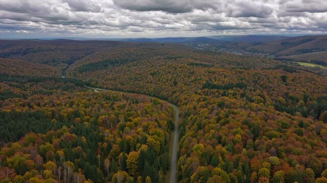 Aerial journey over vibrant autumn forests and rolling hills amidst dramatic clouds tranquil nature adventure