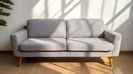 Fototapeta premium Minimalist gray sofa in sunlight interior modern furniture design