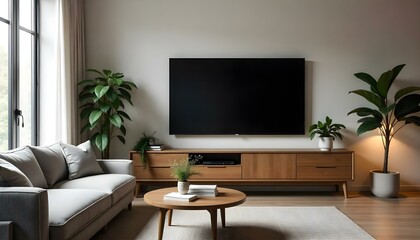 Living room with a large television on a wooden cabinet , a gray sofa, a round table with books and plants, and warm lighting